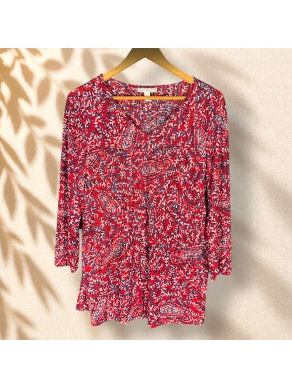 Dana Buchman Blouse Women L Large Red Paisley V-Neck 3/4 Sleeve Casual Pullover